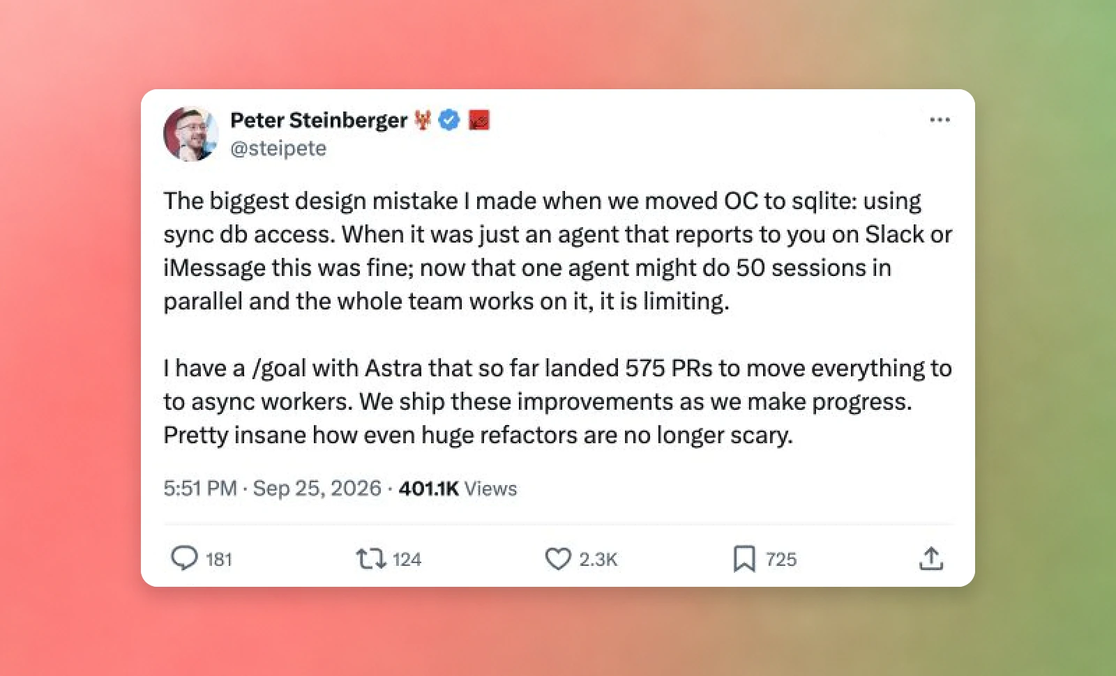 Peter Steinberger describes using Astra for a long-running refactor to asynchronous workers.
