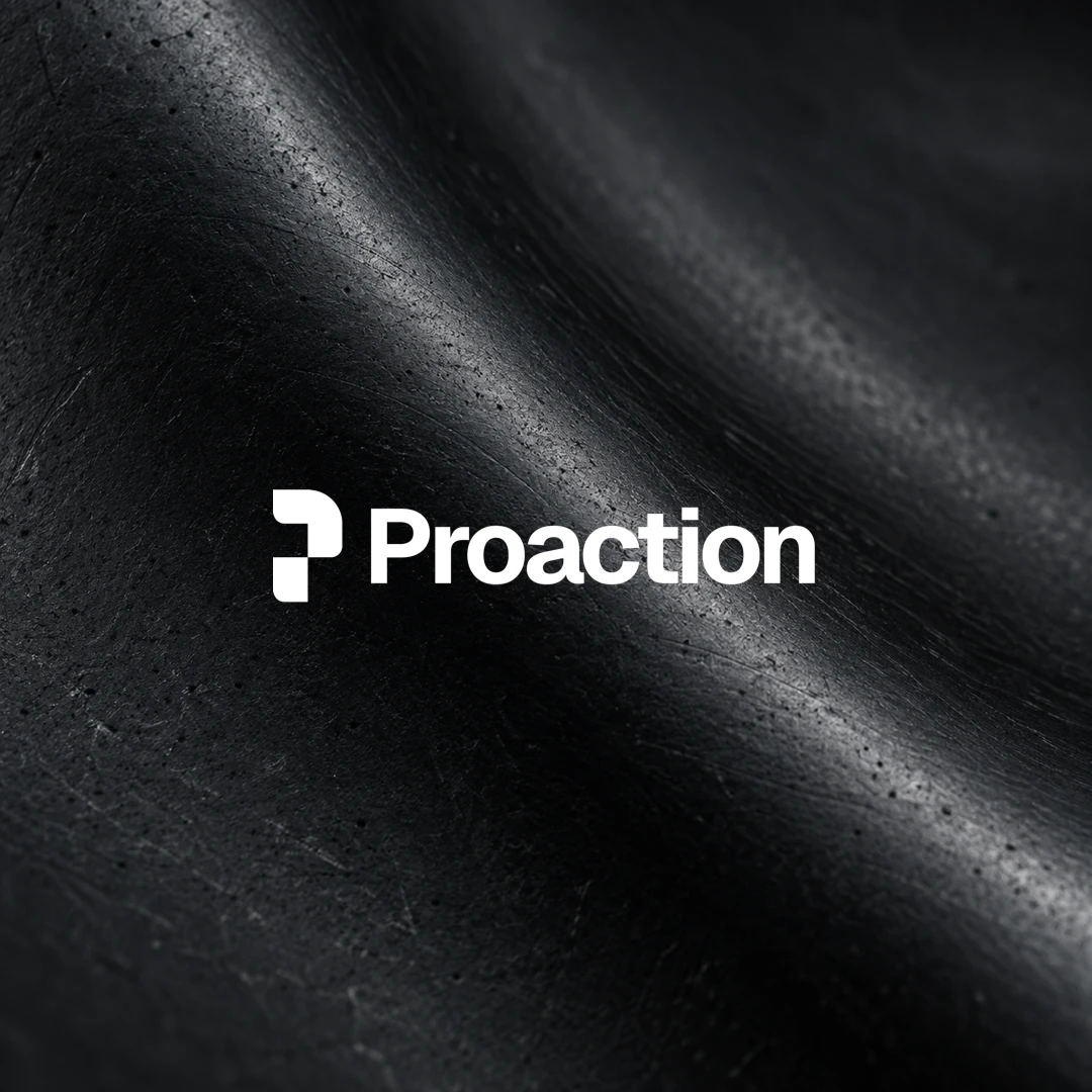 Abstract dark textured material with the Proaction wordmark.