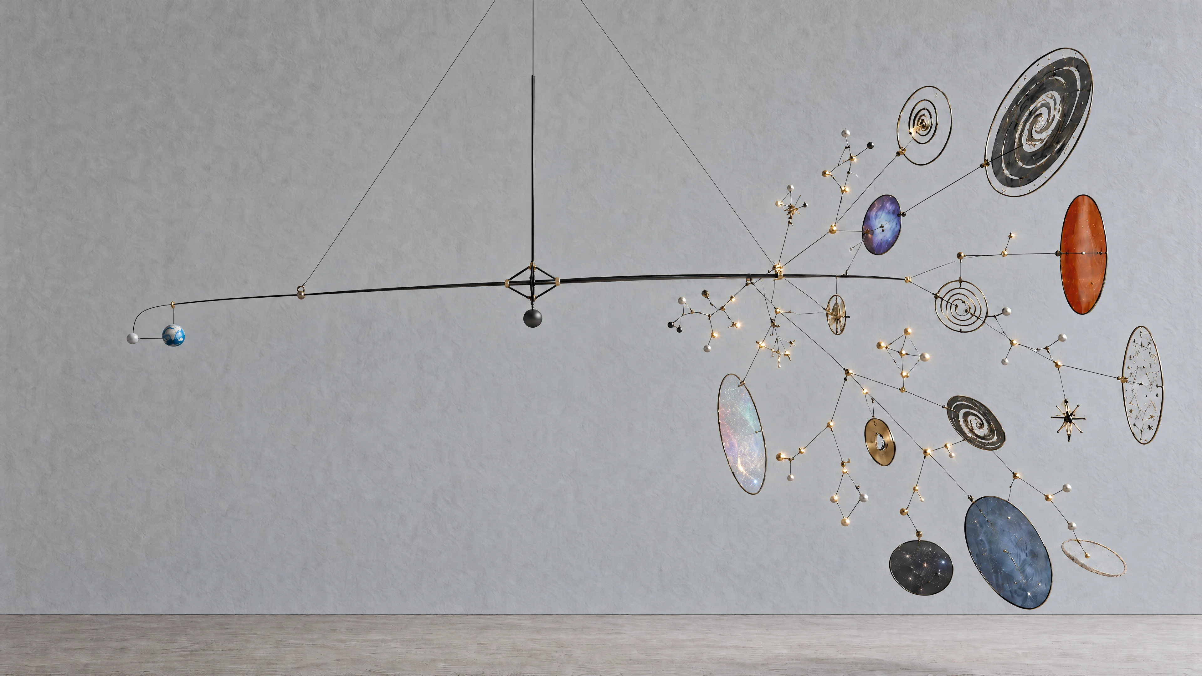 A suspended mobile balances a small Earth against branching stars, planets, and galaxies.
